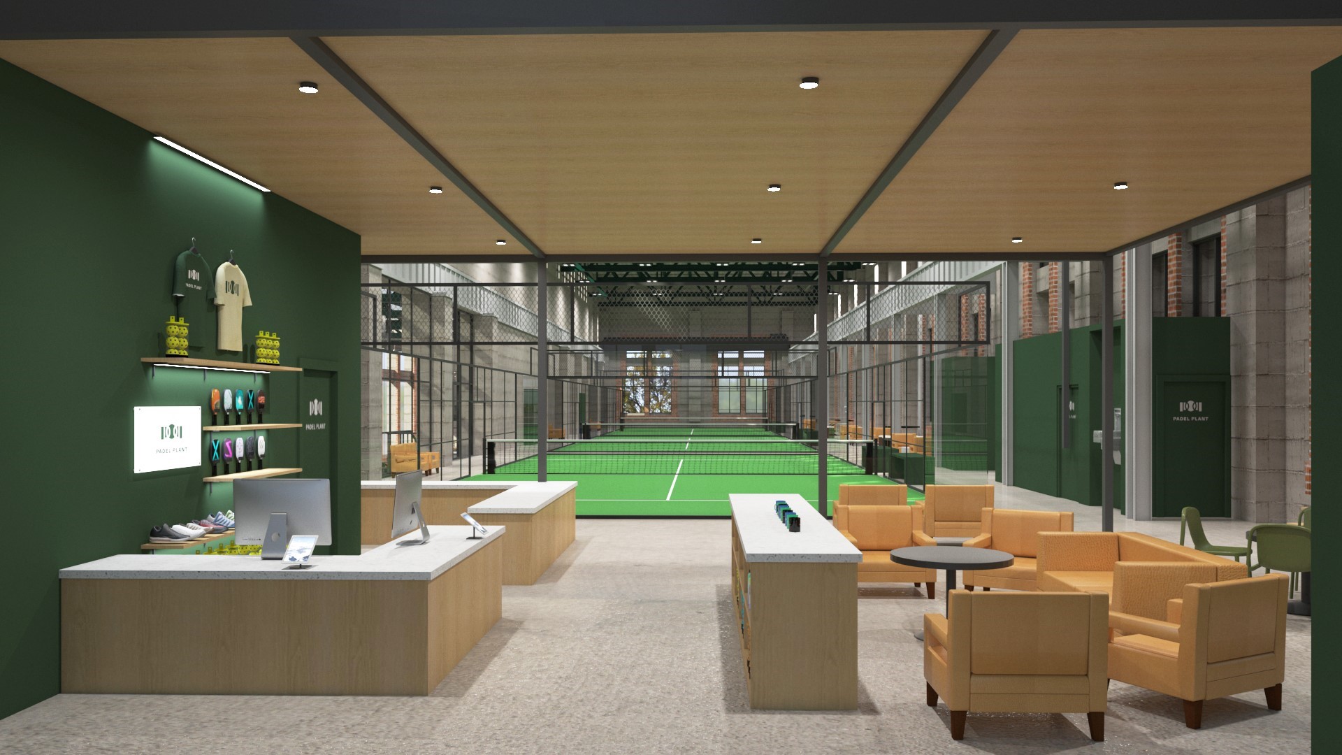 Rendering of the Padel Plant. Luxurious check in area, comfortable furniture, a huge mezzanine above, and stunning padel courts running down the main hall.